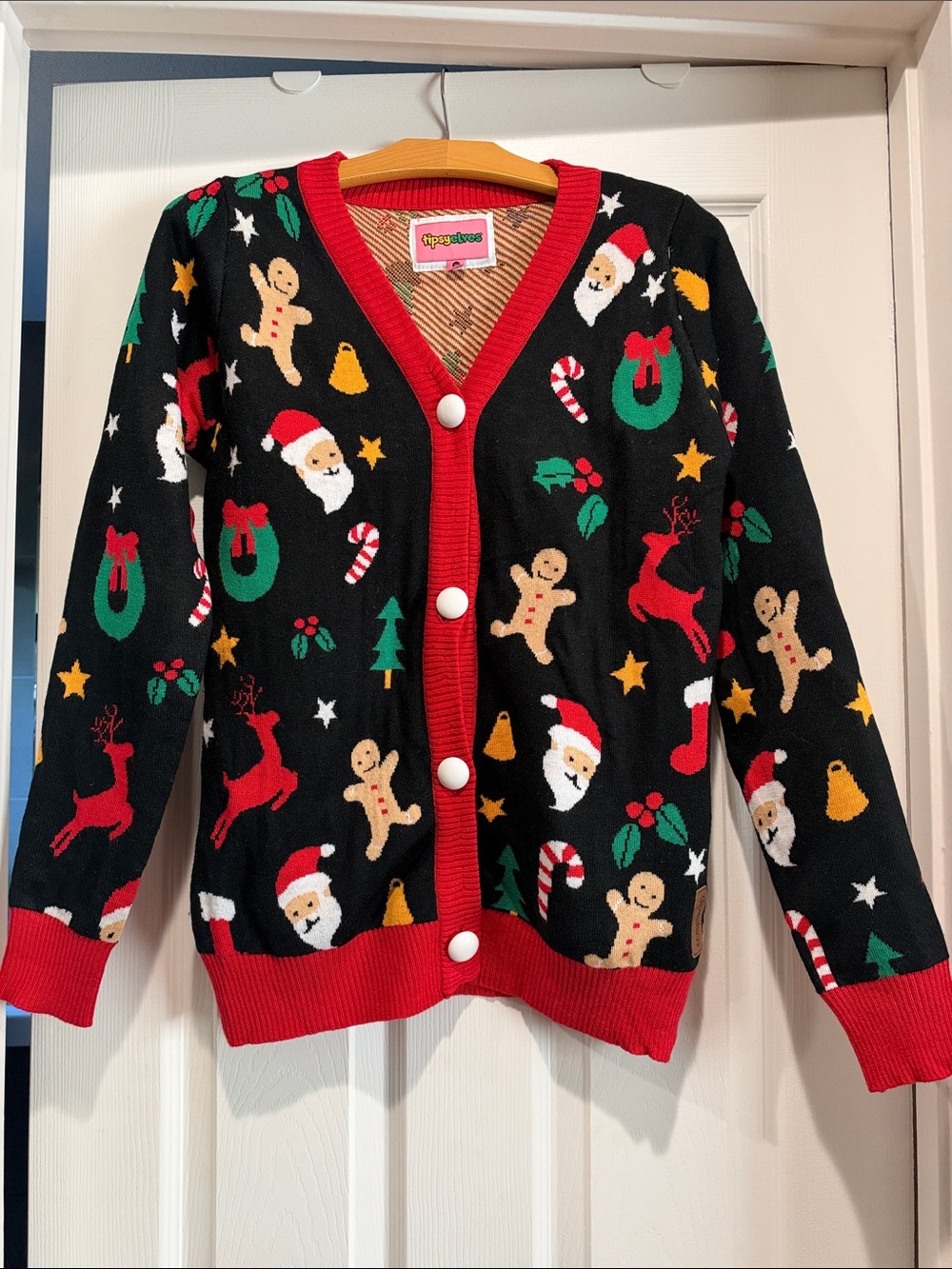 Tipsy Elves- Women’s Black and Red Holiday Cardigan with Santa & Gingerbread